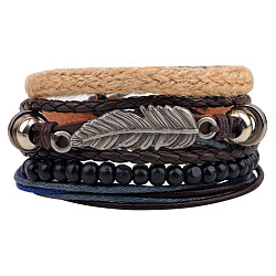 Adjustable Leaf Alloy Braided Leather Cord Wooden Beaded Multi-strand Bracelets, Stackable Bracelets, 4 Strands/set, Colorful, 60mm(BJEW-P0001-20)