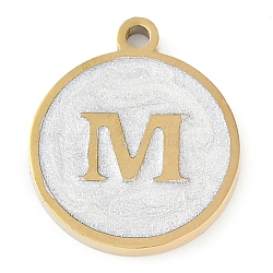 Ion Plating(IP) 201 Stainless Steel Pendants, with White Enamel, Real 18K Gold Plated, Flat Round with Letter, Letter M, 18.5x15.5x2mm, Hole: 1.6mm(STAS-K288-02G-M)