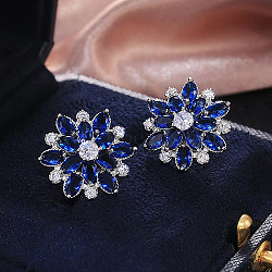 Brass Micro Pave Cubic Zirconia Stud Earrings, Flower, Dark Blue, 20mm(LM0648-3)