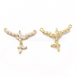 Rack Plating Brass Pave Clear Cubic Zirconia with Plastic Imitation Pearl Connector Charms, Cadmium Free & Lead Free, Real 18K Gold Plated, Butterfly Links, White, 18x26.5x3.5mm, Hole: 1.2mm(KK-G456-02G)