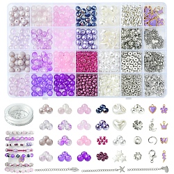 DIY Glass & CCB & ABS Plastic Imitation Pearl Beads Bracelets Mkaing Kits, Purple, 5~71x0.6~13mm, Hole: 1.3~2mm(DIY-FS0007-17)