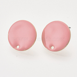 Iron Enamel Stud Earring Findings, with Raw(Unplated) Pin and Loop, Flat Round, Light Gold, Pink, 16x1.5~2.5mm, Hole: 1.2~1.5mm, Pin: 1mm(IFIN-N003-02B)
