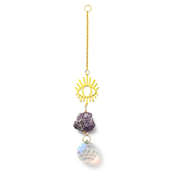 Wire Wrapped Nuggets Natural Amethyst Pendant Decorations, Brass Evil Eye and Glass Round Tassels Hanging Ornaments, 253mm, Hole: 11mm