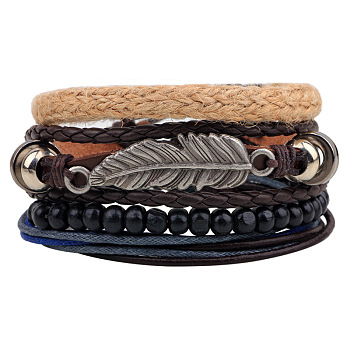 Adjustable Leaf Alloy Braided Leather Cord Wooden Beaded Multi-strand Bracelets, Stackable Bracelets, 4 Strands/set, Colorful, 60mm