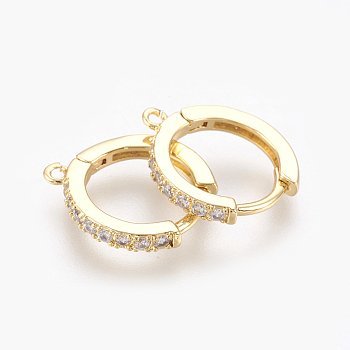 Brass Micro Pave Cubic Zirconia Huggie Hoop Earring Findings, Nickel Free, Clear, Golden, 16x14x2mm, Hole: 1mm, Pin: 1mm