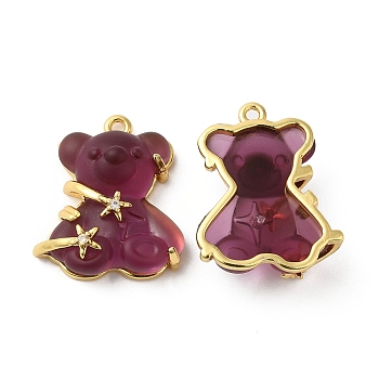 Transparent Resin Crystal Rhinestone Pendants, Bear Charms, with Rack Plating Real 18K Gold Plated Brass Findings, Long-Lasting Plated, Cadmium Free & Lead Free, Purple, 23.5x20.5x9mm, Hole: 1.6mm
