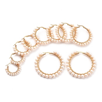 304 Stainless Steel Hoop Earrings Sets, with Potato Natural Cultured Freshwater Pearls and Copper Wire, Ring Shape, Golden, 33~62x31~57mm, Pin: 0.7~1mm, 5pairs/set