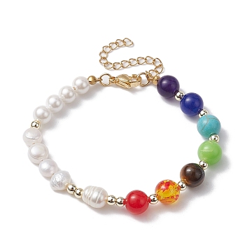 Chakra Theme Natural & Synthetic Mixed Gemstone Beaded Bracelet, with Shell Pearl Beads, 7-1/8 inch(18cm)