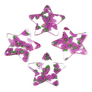 Transparent Clear Cellulose Acetate(Resin) Pendants, Printed, Star with Grape, Grape Pattern, 37x39x2.5mm, Hole: 1.4mm