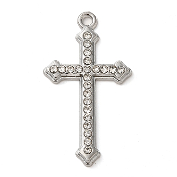 Alloy with Rhinestone Pendants, Cross Charms, Platinum, 44x24x3mm, Hole: 2.3mm