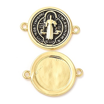 Rack Plating Brass Connector Charms, Long-Lasting Plated, Cadmium Free & Lead Free, Flat Round with Saint Benedict, Real 18K Gold Plated, 16x21x1.5mm, Hole: 1.4mm