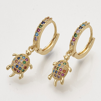 Brass Cubic Zirconia Dangle Hoop Earrings, Sea Turtle, Colorful, Golden, 30mm, Pin: 1mm