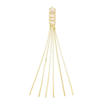 Brass Chains Tassel Big Pendnants, with Clear Glass, Real 18K Gold Plated, 88x6x3mm, Hole: 1.6mm