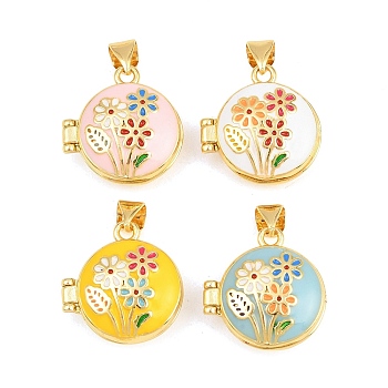 Brass Locket Pendants, with Enamel, Cadmium Free & Lead Free, Real 18K Gold Plated, Rack Plating, Long-Lasting Plated, Flat Round with Flower Charms, Mixed Color, 18x17x7mm, Hole: 3x5mm, Inner Diameter: 12mm
