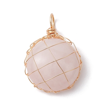 Natural Rose Quartz Copper Wire Wrapped Pendants, Half Round/Dome Charms, Golden, 30.5x21x8mm, Hole: 4.7mm