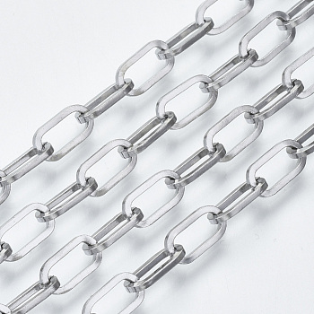 304 Stainless Steel Paperclip Chains, Drawn Elongated Cable Chains, with Spool, Unwelded, Flat Oval, Stainless Steel Color, 9.7x5x1mm, about 82.02 Feet(25m)/roll