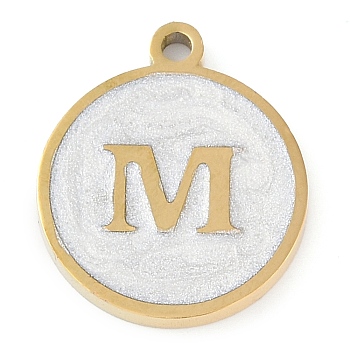 Ion Plating(IP) 201 Stainless Steel Pendants, with White Enamel, Real 18K Gold Plated, Flat Round with Letter, Letter M, 18.5x15.5x2mm, Hole: 1.6mm