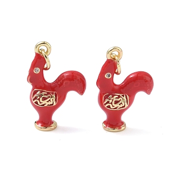 Brass Micro Pave Clear Cubic Zirconia Pendants, Enamel Style, Long-Lasting Plated, Cadmium Free & Lead Free, Rack Plating, Rooster Charms, Real 18K Gold Plated, 20.5x13.5x5mm, Jump Ring: 5x0.8mm, Inner Diameter: 3.5mm