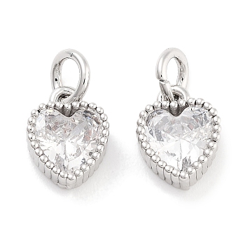 Brass with Cubic Zirconia Pendants, with Jump Ring, Cadmium Free & Nickel Free & Lead Free, Heart, Platinum, 8.5x7x3.5mm, Hole: 3.4mm