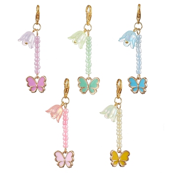 Butterfly Alloy Enamel & Glass Beads Pendant Decoration, Lobster Claw Clasps Charm for Bag Ornaments, Mixed Color, 51mm, about 5pcs/set