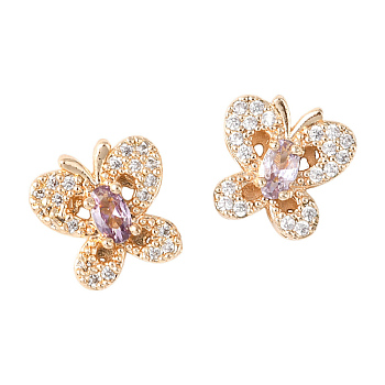 2Pcs 2 Colors Brass Micro Pave Cubic Zirconia Beads, Butterfly, Lead Free & Cadmium Free, Long-Lasting Plated, Mixed Color, 11.5x11.5x6mm, Hole: 1.6mm, 1pc/color