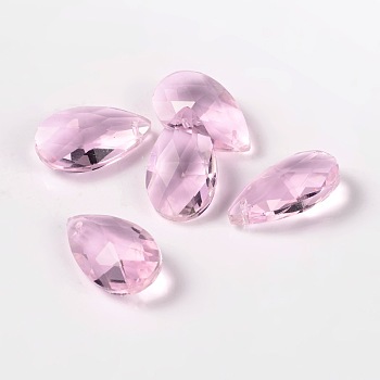 Faceted Teardrop Glass Pendants, Pearl Pink, 22x13x7mm, Hole: 1mm