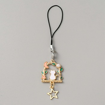 Alloy Enamel Arch with Cat & Star Phone Charm Mobile Straps, Nylon Cord Mobile Accessories Decoration, Pink, 110mm