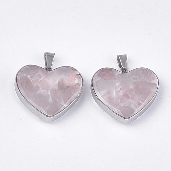 Natural Rose Quartz Pendants, with Glass and 304 Stainless Steel Findings, Heart, Stainless Steel Color, 19x21x6mm, Hole: 3x5.5mm