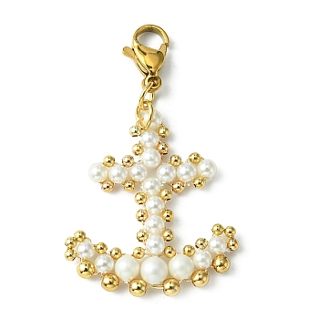 Shell Pearl & Brass Beaded Pendant Decoration, with 304 Stainless Steel Lobster Claw Clasps, Anchor & Helm, 45mm