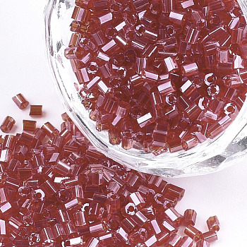 Grade A Glass Seed Beads, Hexagon(Two Cut), Transparent Colours Lustered, Dark Red, 1.5~2.5x1.5~2mm, Hole: 0.8mm, about 2100pcs/bag, 450g/bag