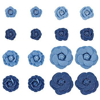16Pcs 8 Style Denim Cloth Flowers, Jean Fabric Camelia, Sewing Ornaments, DIY Costume Accessories, Mixed Color, 35~78x34~75x14~22mm, 2pcs/style