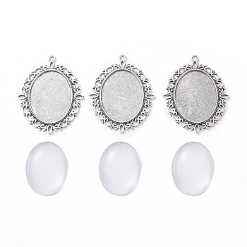 DIY Pendant Making, with Tibetan Style Alloy Pendant Cabochon Settings and Transparent Oval Glass Cabochons, Antique Silver, Cabochons: 40x30x7~9mm, Settings: 61x47x2mm, Hole: 3mm, 2pcs/set
