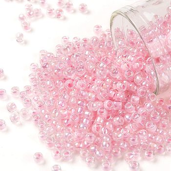 TOHO Round Seed Beads, Japanese Seed Beads, (780) Inside Color AB Crystal/Bubblegum Lined, 8/0, 3mm, Hole: 1mm, about 222pcs/10g