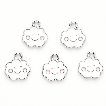 Alloy Enamel Charms, Cloud, with Smile Face, Platinum, White, 13x12x1mm, Hole: 1.8mm