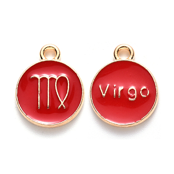 Alloy Enamel Pendants, Cadmium Free & Lead Free, Flat Round with Constellation, Light Gold, Red, Virgo, 15x12x2mm, Hole: 1.5mm