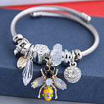 Adjustable Stainless Steel European Bangles, Charm Bangles for Women, Bees & Diamond, with Alloy & Rhinestone & Resin, Gold, Inner Diameter: 2-1/8 inch(5.5cm)(FS-WGCF4A6-01)