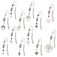 Hook Bookmarks, Gemstone Round Bead Bookmark, Tibetan Style Alloy Pendant Bookmarks, Tree of Life, Antique Silver, 184~232mm, 12 style, 1pc/style, 12pcs/set(AJEW-AB00042)