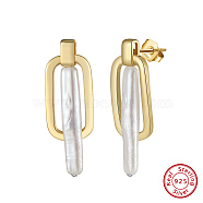 925 Sterling Silver Rectangle Dangle Stud Earrings, with Natural Pearl, with S925 Stamp, Real 14K Gold Plated, 32~33x11mm(EJEW-Z041-13G)