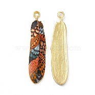 Rack Plating Alloy Pendants, Printed, Lead Free & Cadmium Free & Nickel Free, Feather Charm, Light Gold, Chocolate, 36.5x8x1.5mm, Hole: 1.8mm(FIND-H043-02LG-01)