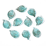 Handmade Lampwork Pendant, with Glitter Powder, Leaf, Turquoise, 22~23x14~15x5mm, Hole: 1~1.5mm(LAMP-N021-020G)