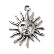 304 Stainless Steel Pendants, Sun with Human Face Charms, Antique Silver, 30x25x3.5mm, Hole: 3mm(STAS-G278-18AS)
