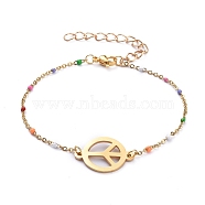 Peace Sign 201 Stainless Steel Link Bracelets, with 304 Stainless Steel Enamel Link Chains and Lobster Claw Clasps, Golden, 7-5/8 inch(19.5cm)(BJEW-JB05248-06)