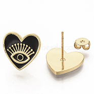 Brass Enamel Stud Earrings, with Earring Backs, Real 16K Gold Plated, Heart with Eye, Black, 13x13.5mm, Pin: 0.7mm(EJEW-S208-052B)