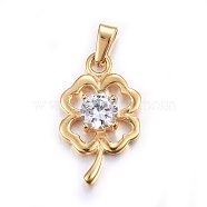 304 Stainless Steel Pendants, with Cubic Zirconia, Clover, Clear, Golden, 22x13x4mm, Hole: 5x2.5mm(X-STAS-P216-51G)