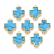 Brass Connector Charms, with Synthetic Turquoise, Cadmium Free & Nickel Free & Lead Free, Real 18K Gold Plated, Cross, Deep Sky Blue, 17.5x12.5x2.5mm, Hole: 1.2mm(KK-N233-172B-01C)
