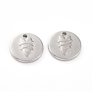 304 Stainless Steel Pendants, Flat Round with Heart, Stainless Steel Color, 15x2mm, Hole: 1.6mm(STAS-G242-17P)