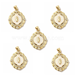 Rack Plating Brass Micro Pave Cubic Zirconia with Synthetic Opal Pendants, with Jump Ring, Lead Free & Cadmium Free, Long-Lasting Plated, Oval with Saint, Real 18K Gold Plated, White, 26x21x4mm, Hole: 5x3.5mm(KK-D088-29G-02)