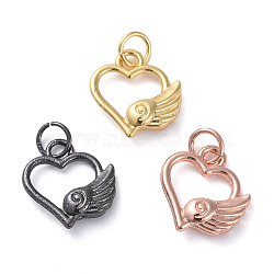 Brass Charms, Long-Lasting Plated, Matte Style, Heart and Wing, Real Gold Plated, Mixed Color, 13x12x3mm, Hole: 4mm(ZIRC-G160-56)