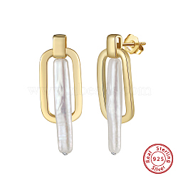 925 Sterling Silver Rectangle Dangle Stud Earrings, with Natural Pearl, with S925 Stamp, Real 14K Gold Plated, 32~33x11mm(EJEW-Z041-13G)