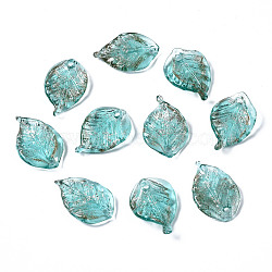Handmade Lampwork Pendant, with Glitter Powder, Leaf, Turquoise, 22~23x14~15x5mm, Hole: 1~1.5mm(LAMP-N021-020G)